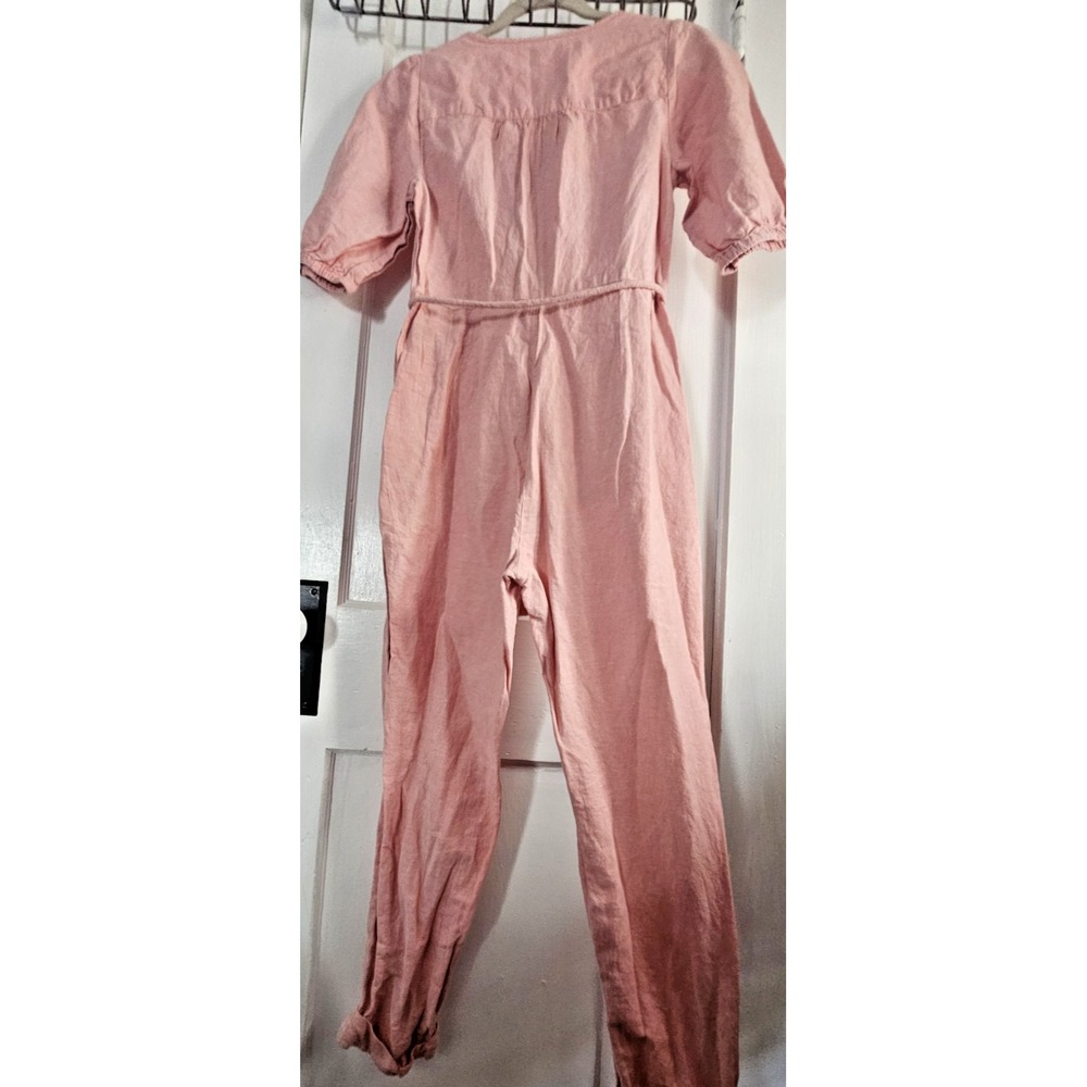 Madewell Linen cotton puff elbow sleeve tassel tie button up Jumpsuit pink XXS - Picture 11 of 11